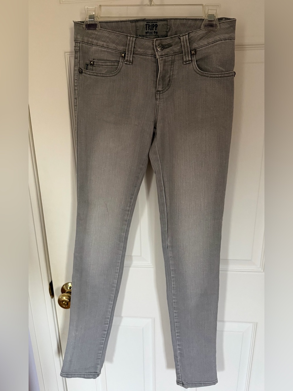 Tripp NYC Distressed Gray Skinny Jeans with Metal Skull and Pyramid Accents